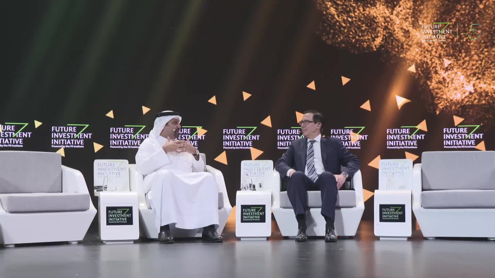 H.E. Shaikh Salman bin Khalifa Al Khalifa 
and Steven Mnuchin at #FII5